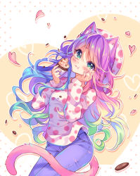 Rule 34 | 1girl, :t, animal ears, artist name, blush, borrowed character, cat ears, cat tail, closed mouth, commission, cowboy shot, denim, eating, fingernails, food, green eyes, hand on own chest, hat, heart, heart background, highres, holding, holding food, hyanna-natsu, jeans, long hair, long sleeves, looking at viewer, muffin, multicolored hair, original, pants, rainbow hair, smile, solo, standing, swept bangs, tail, tareme, very long hair, wavy mouth