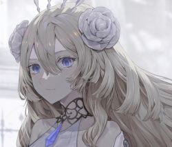 Rule 34 | 1girl, bad id, bad twitter id, bare shoulders, blonde hair, blurry, blurry background, closed mouth, collarbone, covered collarbone, crystal, eyelashes, flower, gem, hair between eyes, hair flower, hair ornament, highres, hinayuri, light particles, long eyelashes, long hair, original, purple eyes, rose, solo, tiara, upper body, white flower, white rose