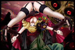 Rule 34 | 1girl, ankle grab, arm grab, ass, black panties, blonde hair, blush, breasts, crossover, crown, garter belt, garter straps, high heels, holding, holding another&#039;s wrist, holding upside down, huge breasts, leg grab, majora (entity), monster, muscle buster, nintendo, open mouth, panties, restrained, rose bernstein, shoes, skull kid, snk, spread legs, the king of fighters, the legend of zelda, the legend of zelda: majora&#039;s mask, tongue, top-down bottom-up, underwear