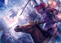 Rule 34 | 2girls, asatani tomoyo, blue eyes, blush, boots, breasts, brown footwear, cleavage, clock, clock tower, gauge, green eyes, horse, looking at viewer, medium breasts, medium hair, multiple girls, open mouth, original, outdoors, red hair, scenery, smile, steampunk, thigh boots, thighhighs, tower, twintails, watermark, web address, yellow legwear