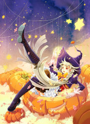 Rule 34 | androgynous, biru, black footwear, black thighhighs, boots, bow, braid, candy, dated, food, frills, gender request, gloves, halloween, hat, jack-o&#039;-lantern, knee boots, leg up, long hair, open mouth, orange bow, original, pumpkin, purple hat, red eyes, sitting, solo, star (symbol), thighhighs, very long hair, white gloves, witch hat, wrapped candy