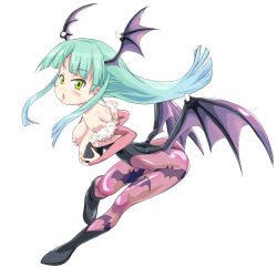 Rule 34 | 1girl, animal print, aqua hair, ass, bad id, bad pixiv id, bat print, bat wings, bent over, blush, boots, breast hold, breasts, capcom, cleavage, covering privates, covering breasts, demon girl, elbow gloves, feathers, fingerless gloves, full body, gloves, head wings, large breasts, leotard, long hair, morrigan aensland, multicolored eyes, ooyayone, panties, pantyhose, print pantyhose, simple background, solo, thong, underwear, vampire (game), wings
