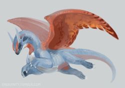 Rule 34 | claws, creatures (company), dragon, endivinity, flying, full body, game freak, gen 3 pokemon, grey background, looking at viewer, nintendo, no humans, pokemon, pokemon (creature), pokemon rse, realistic, red eyes, salamence, scales, simple background, solo, tail, watermark, web address, wings
