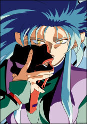 Rule 34 | 1990s (style), 1girl, absurdres, blue hair, highres, incredibly absurdres, long hair, looking at viewer, mask, unworn mask, non-web source, official art, pointy ears, retro artstyle, ryouko (tenchi muyou!), slit pupils, solo, spiked hair, tenchi muyou!, yellow eyes