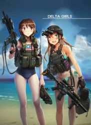 Rule 34 | 2girls, :d, assault rifle, backpack, bag, beach, bikini, blonde hair, blue eyes, brown eyes, brown hair, cloud, collarbone, day, eotech, flashlight, gloves, gun, gun sling, headset, helmet, holding, holding gun, holding weapon, holographic weapon sight, hydration carrier, laser sight, leaning forward, legs, light stick, load bearing vest, long hair, looking to the side, m4 carbine, maniac7, multiple girls, night-vision device, old school swimsuit, one-piece swimsuit, open mouth, original, outdoors, radio transceiver, reflector sight, rifle, school swimsuit, scope, short hair, sight (weapon), sky, smile, suppressor, swimsuit, tactical light, telescopic sight, thighs, trigger discipline, vest, watch, water, weapon, wristwatch