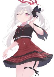 Rule 34 | 1girl, absurdres, black shirt, blue archive, blush, closed mouth, cowboy shot, evil butterfly, grey hair, highres, long hair, mutsuki (blue archive), one eye closed, pink eyes, red skirt, shirt, short sleeves, side ponytail, simple background, skirt, smile, solo, thigh strap, white background
