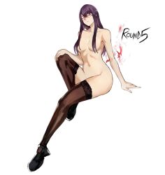 Rule 34 | 1girl, arm support, black footwear, breasts, brown thighhighs, collarbone, glasses, hair over breasts, hand up, highres, invisible chair, kamishiro rize, large breasts, long hair, navel, nude, purple hair, shoes, simple background, sitting, smile, solo, thighhighs, tokyo ghoul, yourfreakyneighbourh