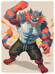 1boy abs absurdres arm_up artist_name bara black_fur claws clenched_hand clothed_pokemon colored_sclera commentary_request creatures_(company) dated fangs furry furry_male game_freak gen_7_pokemon green_eyes highres ihara_yuu incineroar large_pectorals male_focus muscular muscular_male nintendo no_nipples pectorals pokemon pokemon_(creature) red_fur red_nose sharp_teeth solo tail teeth two-tone_fur yellow_sclera