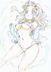 Rule 34 | 10s, 1girl, absurdres, bikini, blush, breasts, color trace, colored pencil (medium), commentary, frown, girls und panzer, gluteal fold, highres, kitazinger, legs, long hair, long sleeves, medium breasts, navel, no pants, off shoulder, open clothes, open mouth, open shirt, orange eyes, orange hair, shirt, side-tie bikini bottom, sketch, skindentation, solo, standing, swimsuit, takebe saori, traditional media, w arms, white bikini, wind