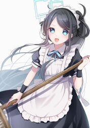 Rule 34 | 1girl, :d, absurdly long hair, absurdres, apron, aris (blue archive), aris (maid) (blue archive), black hair, blue archive, blue bow, blue bowtie, blue eyes, bow, bowtie, commentary request, forehead, frilled apron, frills, halo, highres, holding, holding mop, long hair, looking at viewer, maid, maid apron, maid headdress, mochimori kusunoki, mop, official alternate costume, official alternate hairstyle, open mouth, parted bangs, short sleeves, side ponytail, sidelocks, simple background, smile, solo, very long hair, white apron, white background, wristband