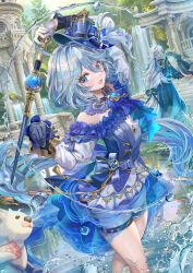 Rule 34 | 1boy, 1girl, alternate costume, asymmetrical gloves, bare shoulders, black gloves, black straps, blubberbeast (genshin impact), blue dress, blue eyes, blue gemstone, blue hair, blue headwear, breasts, detached collar, dress, drop-shaped pupils, floating hair, frills, furina (genshin impact), gem, genshin impact, gloves, hat, highres, holding, holding sword, holding weapon, left-handed, leisurely otter (genshin impact), long hair, long sleeves, looking at viewer, mismatched pupils, neuvillette (genshin impact), open mouth, otter, small breasts, smile, solo focus, sword, symbol-shaped pupils, thigh strap, top hat, torino aqua, weapon, white gloves