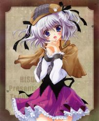 Rule 34 | 1girl, absurdres, blue eyes, capelet, d:, dress, hat, highres, izumi tsubasu, open mouth, own hands clasped, own hands together, purple hair, solo