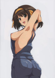 Rule 34 | 1girl, :d, absurdres, armpits, arms up, ass, breasts, brown eyes, brown hair, hairband, haruhisky, highres, holding, holding own hair, large breasts, looking at viewer, naked overalls, nipple slip, nipples, open mouth, overalls, scan, short hair, sideboob, smile, solo, suzumiya haruhi, suzumiya haruhi no yuuutsu, white background