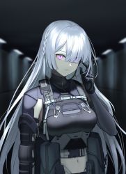 Rule 34 | 1girl, ak-15 (girls&#039; frontline), artificial eye, artificial eyes, black gloves, braid, breasts, buckle, commentary, commentary typo, commission, crop top, eyes visible through hair, girls&#039; frontline, gloves, hair over one eye, hand up, highres, indoors, kawara pigeon, long hair, looking at viewer, mechanical eye, medium breasts, midriff, navel, parted lips, pouch, purple eyes, sidelocks, silver hair, snap-fit buckle, solo, standing, tactical clothes, upper body