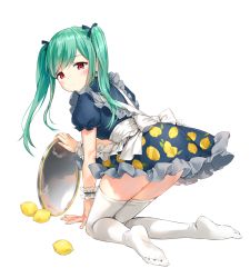 Rule 34 | 1girl, all fours, apron, bad id, bad pixiv id, ensemble girls!, feet, food, food print, frilled apron, frills, from behind, fruit, full body, green hair, kitagawa yuki, lemon, looking back, maid, marmoset (marmoset0), puffy short sleeves, puffy sleeves, red eyes, short sleeves, sidelocks, soles, solo, tareme, thighhighs, thighs, tray, twintails, white thighhighs