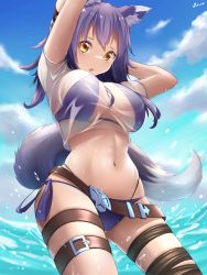 Rule 34 | 1girl, absurdres, animal ear fluff, animal ears, arms up, artist name, bikini, breasts, criss-cross halter, fang, groin, halterneck, highres, j.c.14, large breasts, looking at viewer, looking down, makoto (princess connect!), makoto (summer) (princess connect!), navel, ocean, open mouth, outdoors, princess connect!, purple bikini, purple hair, see-through, solo, sweat, swimsuit, tail, wet, wet clothes, wolf ears, wolf girl, wolf tail, yellow eyes