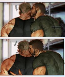 Rule 34 | 2boys, angry, artist name, back, bara, beard, biting, black hair, black tank top, blonde hair, blush, body blush, call of duty, call of duty: modern warfare 2, couple, ear biting, facial hair, from behind, ghost (modern warfare 2), hand on another&#039;s neck, highres, implied yaoi, kiss, kissing neck, looking at another, male focus, manly, mature male, military, military vehicle, motion lines, motor vehicle, multiple boys, muscular, muscular male, notice lines, nudge, scar, shirt, short hair, soap (modern warfare 2), t-shirt, tank, tank top, tight clothes, twitter username, umikochannart, undercut, yaoi