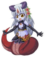 Rule 34 | 1girl, alipheese fateburn xvi, artist request, black gloves, blue skin, child, colored skin, earrings, elbow gloves, fang, flat chest, flower, gloves, hair flower, hair ornament, jewelry, lamia, midriff, mon-musu quest!, monster girl, open mouth, outstretched arms, pointy ears, simple background, solo, white background, white hair, yellow eyes
