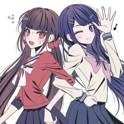 Rule 34 | 2girls, blue eyes, blue hair, blue sailor collar, blunt bangs, blush, bow, bowtie, brown hair, d:, danganronpa: trigger happy havoc, danganronpa (series), danganronpa v3: killing harmony, from side, grey shirt, hair ornament, hair scrunchie, hairclip, hand up, harukawa maki, highres, long hair, long sleeves, looking at viewer, low twintails, maizono sayaka, mole, mole under eye, multiple girls, musical note, open mouth, pink bow, pleated skirt, red eyes, red scrunchie, red shirt, sailor collar, satori (aosky9077), school uniform, scrunchie, shirt, skirt, smile, standing, sweat, twintails
