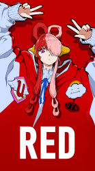 Rule 34 | 1girl, absurdres, arms up, artist request, breasts, character name, hair over one eye, highres, jacket, long sleeves, looking at viewer, multicolored hair, one piece, one piece film: red, oversized clothes, pink eyes, red background, red hair, ribbon, smile, solo, two-tone hair, uta (one piece), v