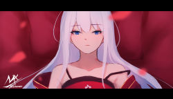 Rule 34 | 1girl, angel girl (shimmer), artist name, bare shoulders, blue eyes, blurry, blurry foreground, closed mouth, collarbone, expressionless, highres, letterboxed, long hair, looking at viewer, lying, off shoulder, on back, original, petals, pillow, shimmer, solo, upper body, white hair