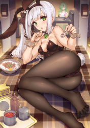 Rule 34 | 2girls, animal ears, ass, bare shoulders, blunt bangs, breasts, brown pantyhose, cleavage, cup, fake animal ears, fake tail, feet, food, green eyes, green hair, haoni, highres, holding, holding spoon, leotard, long hair, looking at viewer, lying, medium breasts, multiple girls, on side, pantyhose, playboy bunny, rabbit ears, rabbit tail, spoon, tail, toes, white hair, you can eat the girl