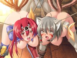 Rule 34 | 1boy, 2girls, animal ears, animated, animated gif, arms behind back, bouncing breasts, breasts, double penetration, fonfon, grey hair, hanging breasts, ikazuchi no senshi raidy, ikazuchi no senshi raidy iii, leaning forward, multiple girls, multiple insertions, nipples, raidy, rape, red eyes, red hair, restrained, sex, sex from behind, tentacles, tongue, tongue out, torn clothes