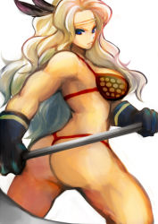 Rule 34 | 1girl, amazon (dragon&#039;s crown), armor, ass, bad id, bad pixiv id, bikini, bikini armor, black gloves, blonde hair, blue eyes, breasts, circlet, dragon&#039;s crown, feather hair ornament, feathers, frogcage, from behind, gloves, hair ornament, large breasts, long hair, muscular, polearm, simple background, solo, swimsuit, thong, thong bikini, toned, weapon, white background