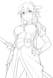 Rule 34 | 10s, 1girl, breasts, from below, greyscale, hand on own hip, highres, large breasts, leafa, lineart, monochrome, shinjiro, solo, sword art online
