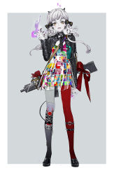 Rule 34 | 1girl, animal ears, arm up, assault rifle, asymmetrical legwear, black bow, black footwear, black jacket, bow, candy, collar, colored skin, dress, eyeball, food, full body, grey background, gun, hair bow, hair ornament, handgun, holding, holding candy, holding food, holding lollipop, holster, holstered, jacket, leather, leather jacket, lollipop, long hair, long sleeves, looking at viewer, multicolored clothes, open mouth, original, pale skin, pantyhose, pistol, red bow, rifle, see-through, shoes, simple background, solo, standing, strap, teeth, twintails, uneven legwear, weapon, weapon on back, white skin, yooani