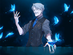 Rule 34 | 1boy, blue eyes, bug, butterfly, cocktail glass, counter, cup, drinking glass, facial hair, fate/grand order, fate (series), grey hair, insect, james moriarty (archer) (fate), james moriarty (gray collar) (fate), kaworu (kaw lov), male focus, mustache, necktie, signature, solo, vest