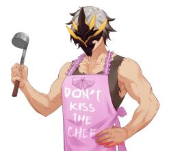 Rule 34 | 1boy, alternate costume, apron, armpit crease, bare shoulders, chef, commentary, english commentary, english text, hand on own hip, holding, honkai (series), honkai impact 3rd, jae roku, kalpas (honkai impact), male focus, mask, muscular, muscular male, short hair, solo, tank top, transparent background, upper body, white hair