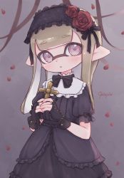 Rule 34 | 1girl, artist name, blunt bangs, blunt ends, bow, bowtie, commentary request, cross, flower, frilled hairband, frills, gloves, gothic lolita, hairband, highres, holding, inkling, inkling girl, inkling player character, lolita fashion, long hair, looking at viewer, nintendo, petals, pioxpioo, pointy ears, rose, short sleeves, signature, solo, splatoon (series), standing, tentacle hair