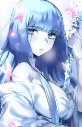 Rule 34 | 1girl, blue eyes, blue hair, breasts, bug, butterfly, cleavage, bug, long hair, looking at viewer, medium breasts, naso4, nioh, pale skin, parted lips, solo, staff, yuki-onna (nioh)