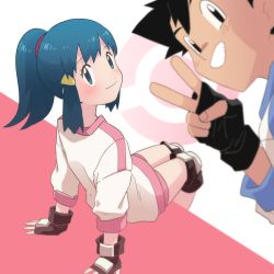 Rule 34 | 1boy, 1girl, arm support, ash ketchum, black eyes, black gloves, black hair, blue eyes, blue hair, blurry, blush, brown gloves, closed mouth, commentary request, creatures (company), dawn (pokemon), dododo dadada, fingerless gloves, game freak, gloves, grin, hair tie, knee pads, long hair, looking back, nintendo, pokemon, pokemon (anime), pokemon dppt (anime), ponytail, short hair, sitting, smile, teeth, v