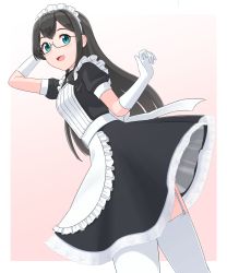 Rule 34 | 1girl, apron, black dress, black hair, blue eyes, blush, commentary, dress, elbow gloves, garter straps, geometrie, glasses, gloves, highres, kantai collection, long hair, maid, maid headdress, ooyodo (kancolle), open mouth, semi-rimless eyewear, smile, solo, thighhighs, waist apron, white apron, white gloves, white thighhighs