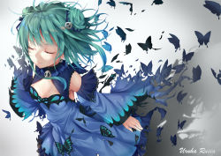 Rule 34 | 1girl, bug, butterfly, character name, closed eyes, detached sleeves, dissolving clothes, double bun, dress, earrings, frilled dress, frills, gradient hair, green hair, hair bun, hair ornament, hair ribbon, hololive, insect, jewelry, matutoki nara05, multicolored hair, ribbon, skull earrings, skull hair ornament, solo, uruha rushia, uruha rushia (1st costume), virtual youtuber