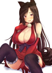 Rule 34 | 1girl, alternate costume, animal ears, bare shoulders, black collar, black thighhighs, blush, breasts, brown hair, cleavage, collar, commission, dress, ebi 193, elbow gloves, gloves, imaizumi kagerou, large breasts, long hair, looking at viewer, open mouth, red dress, red eyes, red gloves, simple background, sitting, skeb commission, solo, tail, thighhighs, touhou, white background, wolf ears, wolf girl, wolf tail