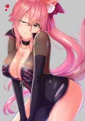 Rule 34 | 1girl, animal ears, bow, breasts, choker, cleavage, collarbone, eyewear strap, fate/grand order, fate (series), fox ears, fox tail, glasses, grey background, hair bow, hair ribbon, heart, highres, koyanskaya (assassin) (first ascension) (fate), koyanskaya (fate), large breasts, long hair, looking at viewer, one eye closed, pink hair, pink ribbon, ribbon, simple background, skin tight, solo, tail, tamamo (fate), very long hair, yellow eyes