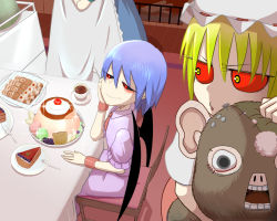 Rule 34 | 3girls, apron, bad id, bad pixiv id, bat wings, black sclera, blue dress, colored sclera, dress, eating, eyelashes, flandre scarlet, food, hat, looking at another, looking to the side, maid, maid apron, mob cap, multiple girls, hugging object, okahi, out of frame, perspective, pink dress, pouty lips, pudding, red eyes, red sclera, remilia scarlet, short hair, touhou, waist apron, when you see it, wings, yellow eyes
