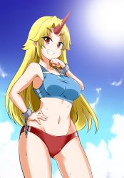 Rule 34 | 1girl, blonde hair, breasts, brown eyes, buruma, chain, clenched hand, clenched teeth, cloud, commentary request, cuffs, gluteal fold, hand on own hip, horns, hoshiguma yuugi, kousei (public planet), large breasts, long hair, midriff, navel, single horn, sky, solo, sports bra, star (symbol), sun, sweat, teeth, thick eyebrows, touhou