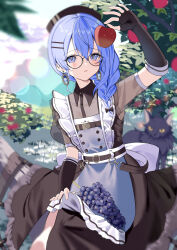 Rule 34 | 1girl, absurdres, apple, black bow, black dress, black gloves, blue eyes, blue hair, bow, braid, breasts, collared dress, day, dress, earrings, elbow gloves, fingerless gloves, food, fruit, glasses, gloves, grapes, hair bow, highres, holding, holding food, holding fruit, hololive, hoshimachi suisei, jewelry, jinbei (user tpny4757), long hair, maid, outdoors, parted lips, round eyewear, see-through, see-through sleeves, short sleeves, single braid, small breasts, smile, solo, virtual youtuber