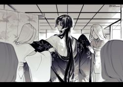 Rule 34 | 1boy, 2girls, genshin impact, hime cut, indoors, japanese clothes, long hair, looking back, male focus, mgph, monochrome, multiple girls, scaramouche (genshin impact), simple background