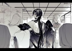 1boy 2girls genshin_impact hime_cut indoors japanese_clothes long_hair looking_back male_focus mgph monochrome multiple_girls scaramouche_(genshin_impact) simple_background