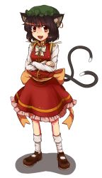 Rule 34 | 1girl, :3, animal ears, breasts, brown eyes, brown hair, cat ears, cat girl, cat tail, chen, crossed arms, earrings, fang, female focus, hat, highres, jewelry, kusiyan, multiple tails, short hair, small breasts, socks, solo, standing, tail, touhou, white background, white socks