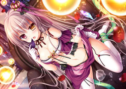 Rule 34 | 1girl, breasts, broken glass, brown eyes, choker, crown, glass, gloves, heterochromia, large breasts, midriff, navel, open mouth, original, petals, red eyes, ribbon, rose petals, shitou, solo, thighhighs, white gloves, white hair, white thighhighs