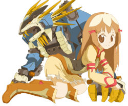 Rule 34 | 00s, 1girl, all fours, belt, boots, brown eyes, brown hair, hair ribbon, knee boots, long hair, mecha, murasame liger, re mii, ribbon, robot, simple background, smile, white background, zoids, zoids genesis