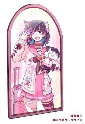 Rule 34 | bandaid, bandaid on face, bandaid on leg, black hair, blush, character doll, commentary, earrings, fang, hair ornament, heart, highres, holding, holding stuffed toy, indoors, jewelry, jirai kei, long sleeves, love live!, love live! school idol festival all stars, love live! sunshine!!, mirror, nesoberi, one eye closed, open mouth, pink eyes, pink hair, pink sailor collar, pink shirt, pink skirt, pito (sh02327), pleated skirt, sailor collar, selfie, shirt, single thighhigh, skirt, solo, stuffed toy, suitcase, taking picture, thighhighs, translation request, tsushima yoshiko, yami kawaii