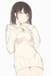 Rule 34 | 1girl, bare shoulders, black hair, bottomless, breasts, dress, covered erect nipples, hand on own chest, looking at viewer, lpip, naked sweater, original, pink eyes, ribbed sweater, short hair, simple background, solo, sweater, sweater dress, thighs, white background