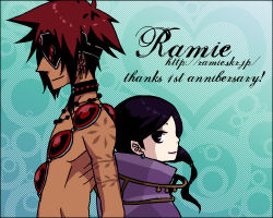 Rule 34 | 2boys, back-to-back, black hair, earrings, eyepatch, height difference, jay (tales), jewelry, lowres, male focus, moses sandor, multiple boys, red hair, topless male, side ponytail, tales of (series), tales of legendia, uhoho (nano-pico)